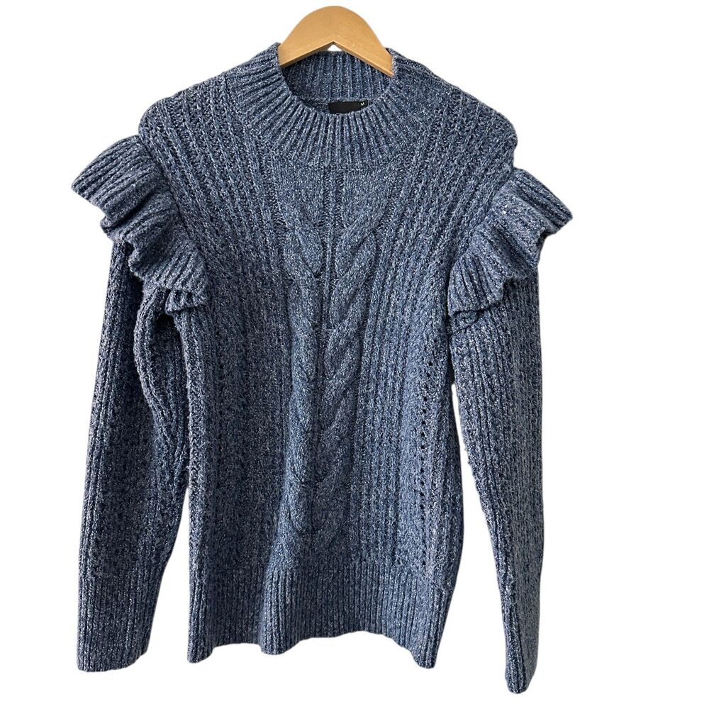 Cliche Blue‎ Polyester Cableknit Mock Neck Sweater with Ruffle Sleeves Size M